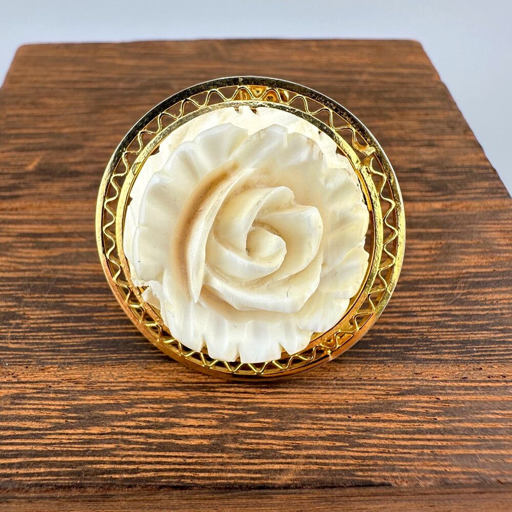 Vintage Carved Flower Brooch Pin Gold Tone Filigree Border Cream Celluloid